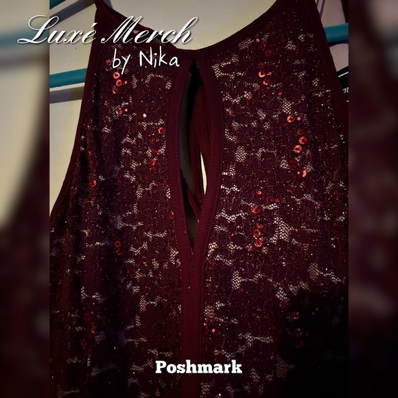 Morgan & Co Sequined Halter Maxi Formal Mermaid Dress - Color Merlot/Nude Size 5 - Picture 10 of 10